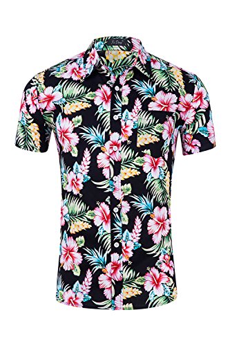Los Hombres Camisa Hawaiana Floral De Manga Corta Camisas De Botón Bl