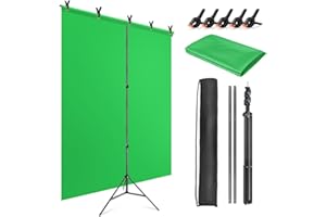 JEBUTU Greenscreen mit Ständer 1,5x2m, Greenscreen Hintergrund mit Ständer, Verstellbarer Fotografie Hintergrund Ständer mit 5 Klemme für Chroma Key Streaming Gaming Fotoshooting Video Zoom