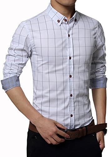 Gfirmament Men's Dress Shirts Cotton Long Sleeve Plaid Slim Fit Casual Snap Buttons Plaid Dress Shirts