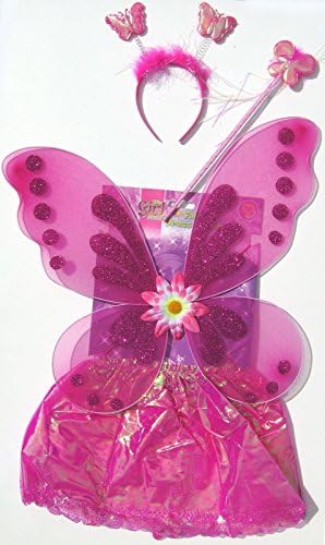 Girls Fairy Princess Dress Up Kit. Gift Costume with Wings, Skirt, Headband and Wand Play Set - Dark Pink Flower
