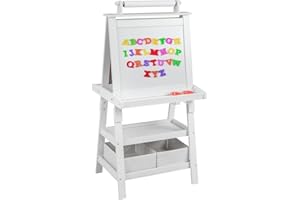 LIFEZEAL Pizarra con 2 caras infantil 3 en 1, caballete infantil con pizarra, pizarra con 2 niveles de estantes de almacenamiento, pizarra blanca con rollo de papel, mesa magnética (Blanco)
