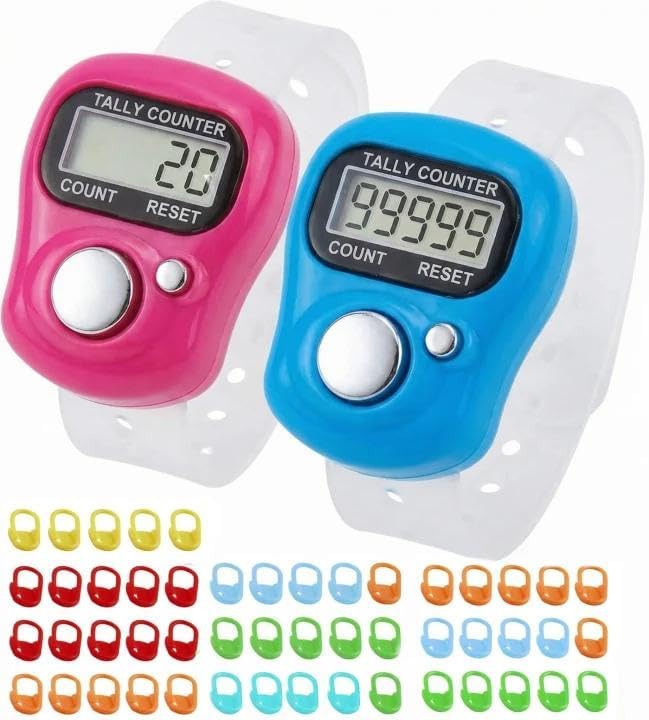 2 Piezas Contadores Electrónicos de Dedos Contador Digitales de Dedos Mini Contador Vueltas de Mano Pantalla para Deportes Golf Crochet Tejido con 50 Piezas Marcadores Punto Coloridos (Aleatorio)