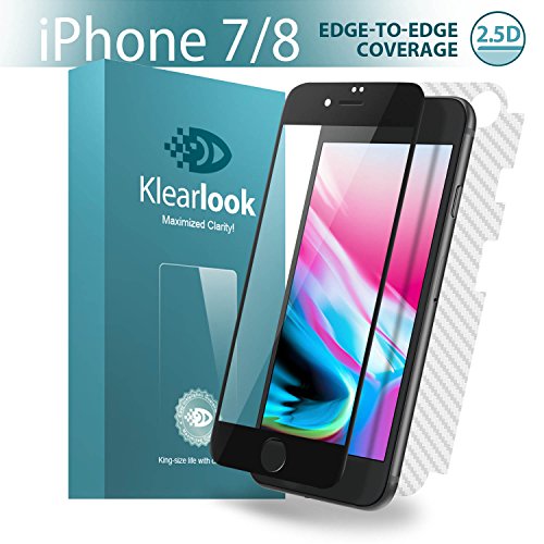 iPhone 7/iPhone 8 Screen Protector, KlearlookÂ® [Case Friendly Design] Edge-to-Edge Crystal Clear Tempered Glass Screen Protector for Front + [Update for Back]Full Coverage Carbon Fibre Sticker Back Protector for Apple iPhone 7/iPhone 8 [Black Frame]