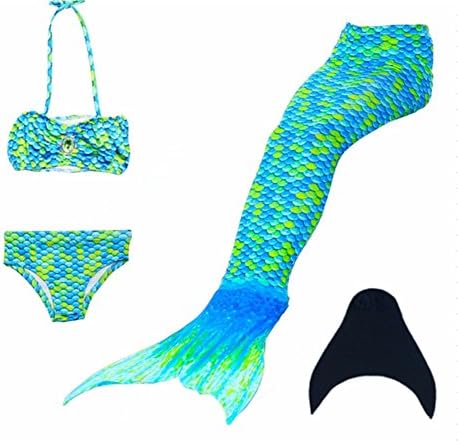 Kidssky Mermaid Tails Swimming Sets with Monofin 4 Pcs Bikini Sets for Kids Girls (150cm/9-10 Years, Blue1)