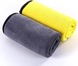 PrimAlite Microfiber Cleaning Cloth 800 GSM for Car & Motorbike- Pack of 2 (30 x 30 cm) for Home & Kitchen, Mobile, Laptop, Office- Lint Free Dual Layer Ultra-Thick Super Absorbent Towel- Grey+Yellow