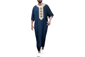 Caxndycing Vestidos musulmanes para hombre Caftán - Oriente Medio Túnicas de Arabia Saudita Vestidos turcos Thobe Hombres Ropa de oración Imprimir Bolsillos Vestidos
