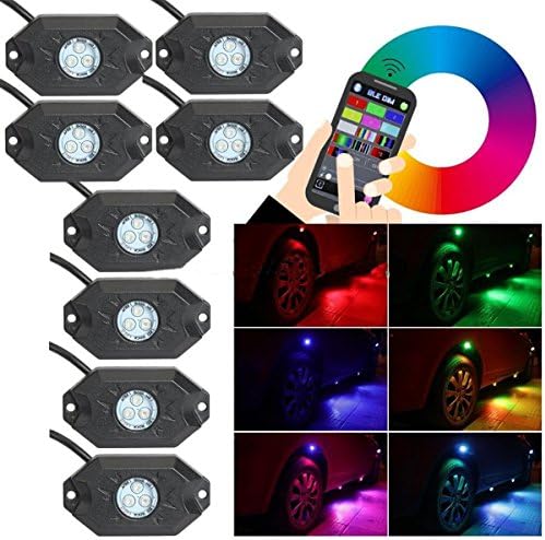 ZHITEYOU 12V Off Raod led rock light RGB Rock Light Led Bluetooth Control ,8 Pods RGB LED Car Rock Light kits Wireless Phone APP Control Under Car Led Rock Light
