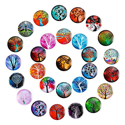 FANTESI 28 Pcs Glass Refrigerator Magnets, 25 mm Funny Tree Fridge Magnets for Office Cabinets Whiteboards Decorative Photo Gift Button