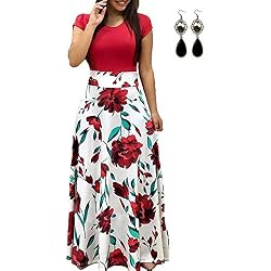 PIPIHU Mujer Vestido Fiesta Largo Manga Corta Floral Print Casual Verano Maxi Vestidos Playa Vacaciones Rojo Large