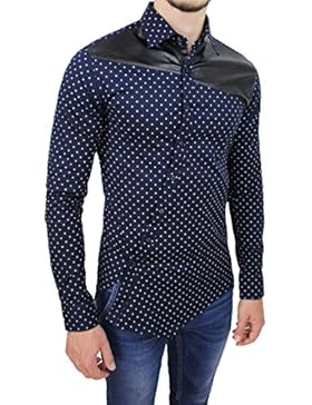 Camicia uomo cotone slim fit blu tessuto a pois casual con bottoni trasversali