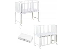 ‎DEDSTORE-BABY Dedstore-Baby Babybett mit Matratze 90x40 cm Höhenverstellbar - Babybett Komplett Set - Beistellbett Weiß - Bett - Kinderbett - Spannbettlaken Baumwolle - absenkbare Seite (Beistellbett mit Laken)