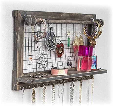 Retelect Jewellery Organiser with Removable Bracelet Rod and 16 Hooks for Earrings Rings or Other Accessories Wall Mounted Wooden in Rustic Style