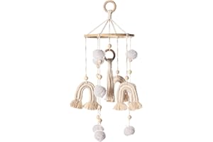 SWECOMZE Regenbogen Mobile Baby Holz mit PomPom Kinderzimmer Mädchen Bettglocke Windspiel Hängende für Babybett Kinderbett (Beige)