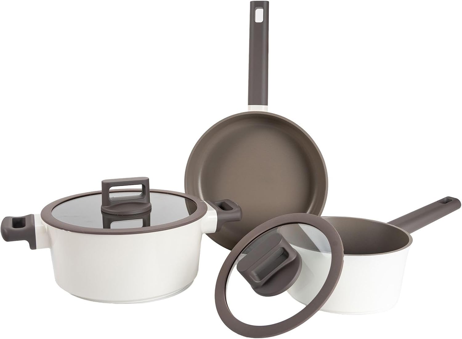 BOREINE Juego de Ollas y Sartenes 5 Piezas, Batería de Cocina Antiadherente, Apta para Inducción, Gas y Vitrocerámica, No Tóxico Sin PFOA, Blanco Café Latte
