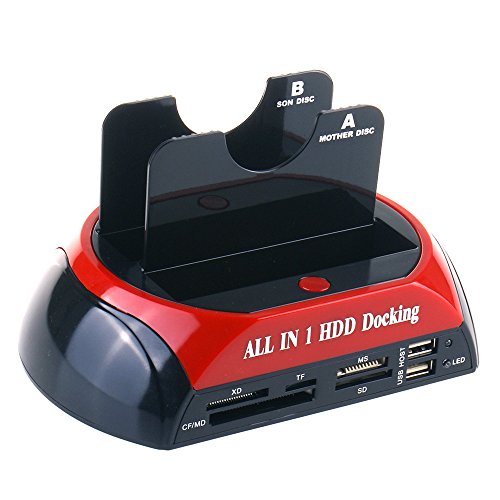 WANLONGXIN WLX-876C-J USB 2.0 zu SATA Dual-Bay Externe Festplatte Docking-Station mit und Kartenleser USB 2.0 Hub Unterstützung Offline-Klonfunktion, Für 2.5 3.5 Zoll HDD SSD SATA I / II / III Bis zu 2 x 8TB - 2