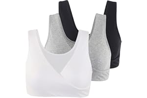 COLOMI Biustonosz do karmienia dla kobiet w ciąży, bezprzewodowy biustonosz do karmienia z bawełny do spania, Black + Grey+White/3 szt, L