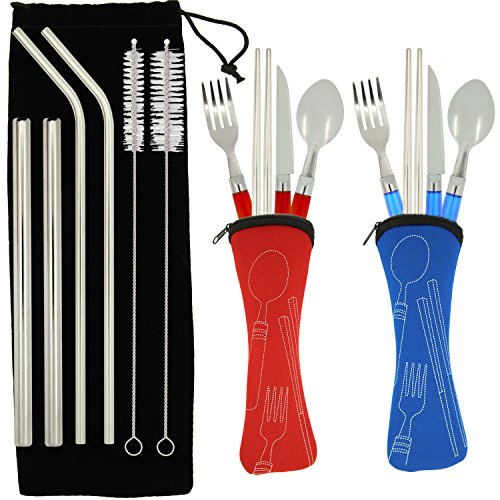 Reusable cutlery set with straws