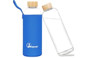Bugucat Butelka do picia 1 l, szkło borokrzemowe z pokrowcem ochronnym, szczelna butelka na wodę na zimne i gorące napoje, do biura, szkoły i uprawiania sportu, granatowa