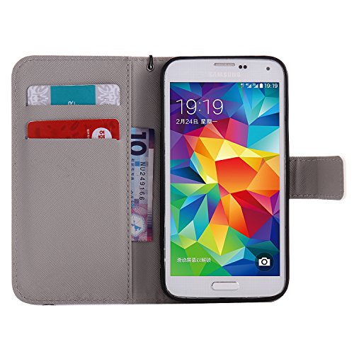 Feeltech Samsung Galaxy S5 Hülle PU-Leder und Brieftasche Bunte Muster Fall mit Magnetverschluss, Hybrid-Kickstand mit Stand-Funktion, schlagen Sie schützende weiche TPU Stoßstangenabdeckung und Kreditkartenhalter für Samsung Galaxy S5 Handgelenk Bügel-Buch-Art-Geldbeutel-Tasche mit 2 In 1 Berühren Sie Stift – White leopard - 5