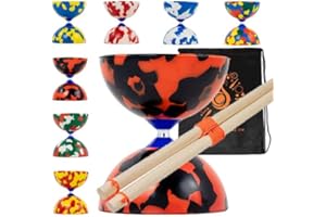 JUGGLE DREAM Jester Diabolo Set with Wood Sticks - Pro Medium Rubber Diablo Set With Wooden Handsticks and Cascade Carry Bag (Red and Black)
