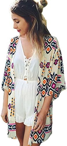 Tongshi Women's Geometry Printed Chiffon Shawl Kimono Cardigan Tops (S)