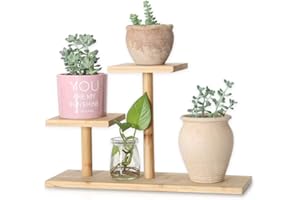 QUMENEY Bamboo Plant Stand Indoor, Mini 3-Tier Mini Tabletop Wood Succulent Plant Stand, Desk Organizer Display Rack for Outdoor Desk Garden Balcony Patio