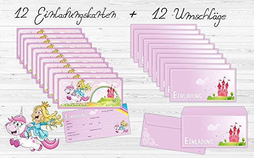 Prinzessin Einladungskarten mit Umschlägen (12er Set) zum Kindergeburtstag mit einem niedlichen, süßen Einhorn – Geburtstag-Einladungen für die Party bzw Feier in rosa und pink, ideal für Mädchen - 3