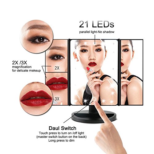 Light Make-up-Spiegel, TFCFL Reise Eitelkeit Spiegel, beleuchtete Spiegel, Tischplatte beleuchtet Kosmetikspiegel, 1X / 2X / 3X-Vergrößerung, 21 helle LEDs für Reisen, Rasieren, Dressing - 7