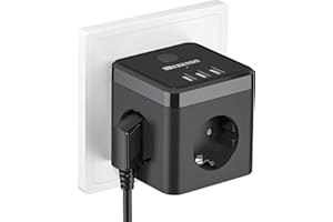 PABANCE Mehrfachsteckdose ohne Kabel, 2400W Max USB Steckdose mit Schalter, Steckdosenwürfel mit 3 USB(5V 2.4A) Powercube Mehrfachstecker Würfel Steckdosenleiste für Büro zu Hause Reisen, Schwarz