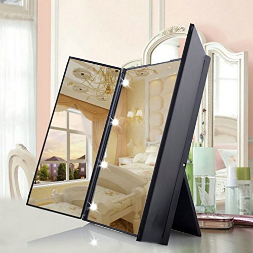 LED Make up Spiegel, Frideko 8 LEDs beleuchtete dreiseitig faltbarer Kosmetikspiegel, 90 Grad frei drehbar, tragbar, Batteriebetrieb für Badezimmer Schlafzimmer Reise Ankleideraum - 7