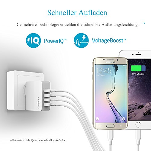 USB Ladegerät, Splaks [Built-in Safety Protection] 4-Port Schnell Aufladen Ladestecker Ladeadapter Ladegerät Charger USB-Netzteil mit Smart-Detective Technologie für iPhone iPad Tablet Samsung Galaxy, HTC, Sony, LG, Nexus,Motorola usw.EU-Stecker, weiß - 6