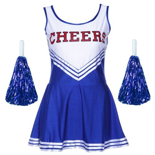 CWLN009 COLLEGE SPORTS Blue High School Cheerleader Ladies Girls Fancy Dress Costume Outfit Size L With POM POM