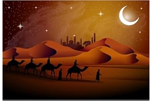 Aoihrraan 1,5x1m Notte Nel Deserto Sfondo Cartone Animato Dune Sabbia Cielo Stellato Luna Tempio Silhouette Cammello Arabo Squadra Scena Fondali Fotografia Religione Cultura Party Ritratto Fotos