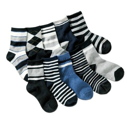 Kids Boys 10-Pack Black Grey Navy Stripe Socks (Age 3 to 8) - MEDIUM (age 3 4 5)