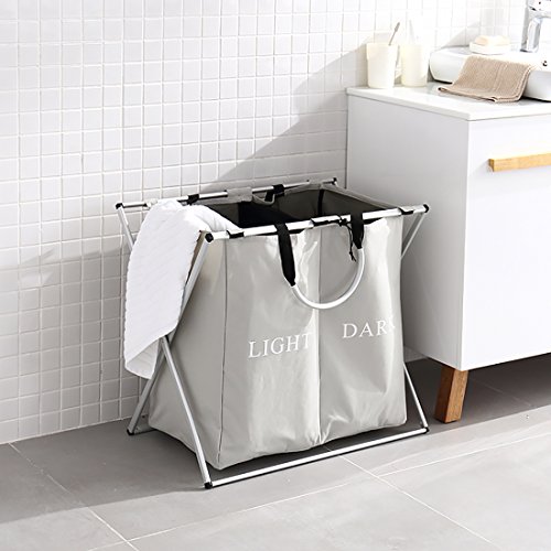 IHOMAGIC Double Sections Light and Dark Laundry Basket – Sturdy Aluminum X-Frame – Large Capacity – Folding Washing Clothes Storage Bins Hamper, Grey - 2