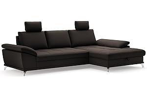 ‎CAVADORE Cavadore Ecksofa Castiel mit Federkern / Eckcouch mit XL-Longchair, Bett, Bettkasten, Sitztiefenverstellung, Kopfstützen und mattschwarzen Metallfüßen / 301 x 89-114 x 176 / Echtleder, Dunkelbraun
