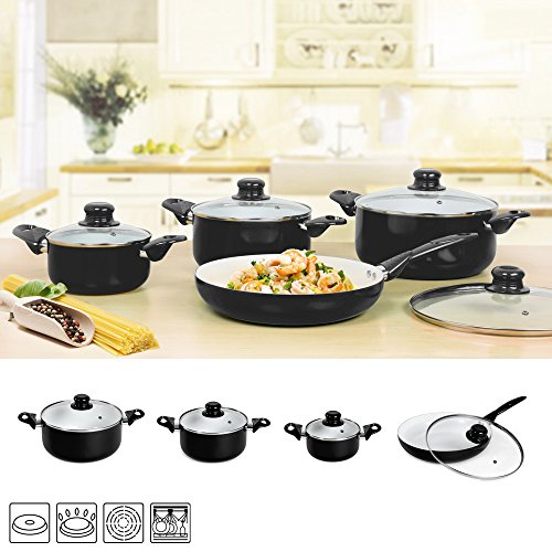 TecTake 8 teiliges Keramik Kochtopf Set mit Glasdeckel -diverse Farben- (Schwarz) - 2