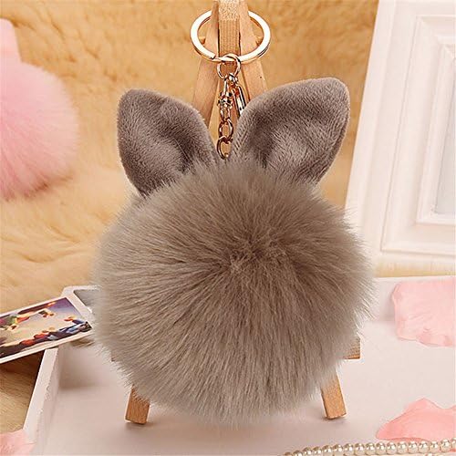 The Cheers Soft Rabbit Ear Faux Fur Keychain HandBag Pendant Charm Pompom Ball Car Key Ring (Khaki)