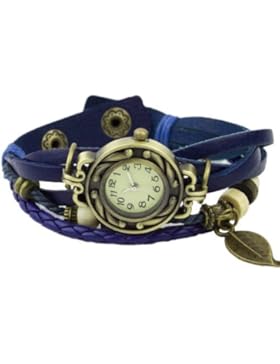 Damen Retro Baum Blatt Leder Armkette Armband Armbanduhr Uhren Uhr Watches Blau