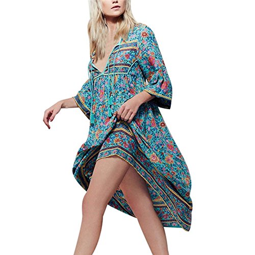 Vestidos De Verano Bohemios Mujer Largos LHWY, Vestidos Casuales De Playa Con Mangas Cortas Vestidos De Estampado Flor ÉTnica S-XXXXXL (L)