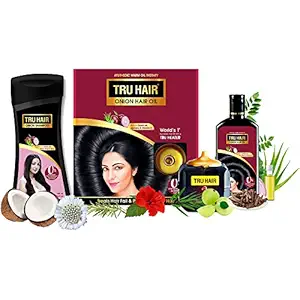 Tru Hair Onion Hair Oil with Heater (110 ML) + Onion Shampoo (200 ML) | For Dandruff, Hair Fall & Premature Greying | Paraben Free, Silicone Free & LLP Free