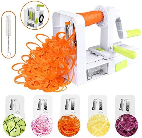 Gaoqian Spiralizer Vegetable Slicer, 5-Blade Spiral Slicer, Foldable Veggie Pasta Zucchini Spaghetti Noodle Maker with Strong Suction Pad, Extra Blade Caddy and Cleaning Brush