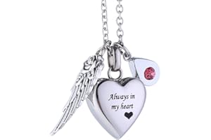 MCJKP Always in My Heart Cremation Jewellery Urn Necklace for Ashes with 12 Birthstones Angel Wing Ashes Holder Keepsake Pendant Memorial Gift Urns for Human Pet Ashes