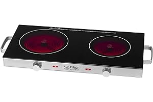 TZS First Austria - Placa de cocción doble infrarrojos vitrocerámica TODOS los tipos de ollas 2800W - Mini Hornillo eléctrico para mudanza, camping y hogar - Regulación continua y luz de control