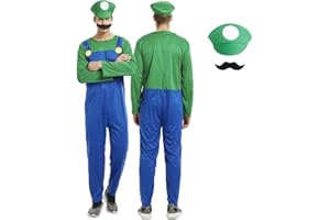 IDOTTA Halloween Plumber Costume Outfits for Kids Adult Unisex Cosplay Fancy Dress up with Bros Hats Cap Mustaches Halloween Cosplay Carnival