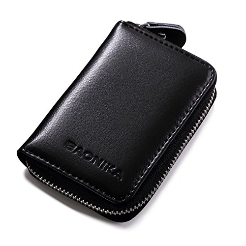 Baonika RFID Cartera Tarjetero Cremallera de Cuero Genuino Portatarjetas Monedero de Espacio 9 Tarjetas (Negro)