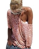 Packung Inhalt: 1 x Shirt Minetom Damen Trägerlos Batwing T-Shirts Beiläufige Loose Paillette Tops Bluse Oberteile Street Style Gold DE 40