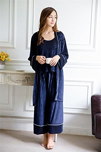CUI Autumn Pumping Velvet Wide-Leg Pants Pajamas Three-Piece Women Loose Casual Wear Home Service,Prussian blue,All code