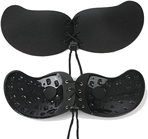 Natthom silicone Strapless bra Women's Backless bra invisible Self-adhesive bra push-up Drawstrings bra for Sexy dresses (Black 2, E)
