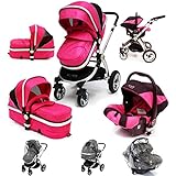 i-Safe System - Raspberry (Pink) Trio Travel System Pram & Luxury Stroller 3 in 1 Complete With Car Seat + Rain Covers